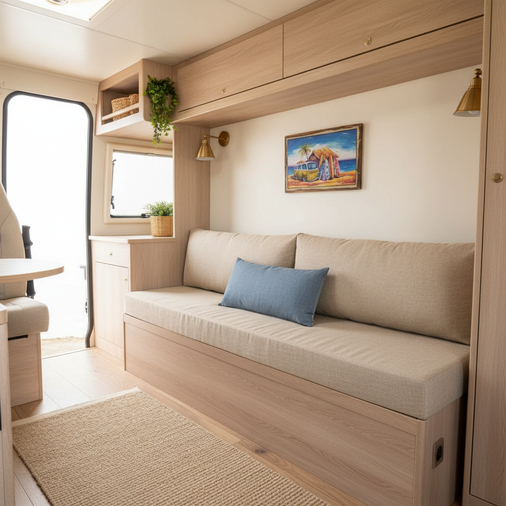 A compact wooden van or camper interior featuring a built-in beige upholstered bench with a blue accent pillow, light wood cabinetry, a small framed landscape painting on the wall, and a woven rug on the floor.