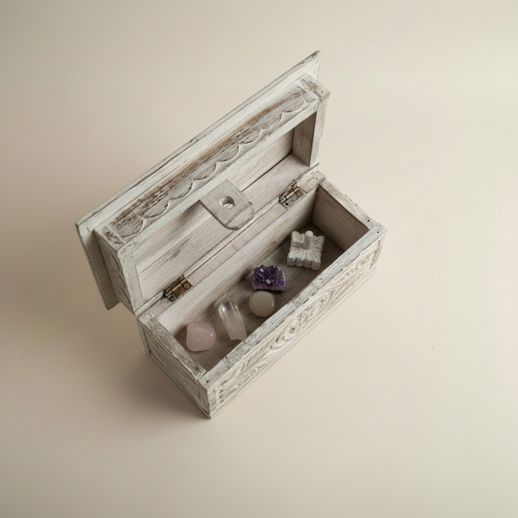 Open whitewashed carved wooden box holding rose quartz, clear quartz, amethyst and a smooth tumbled stone.