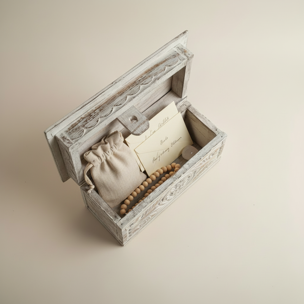 wooden keep sake box balinese desing with pieces inside on a cream background 