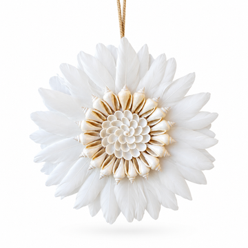 Main white studio shot: "JUJU Hat Spiral Design Natural in white feathers with a spiral of cream cone shells