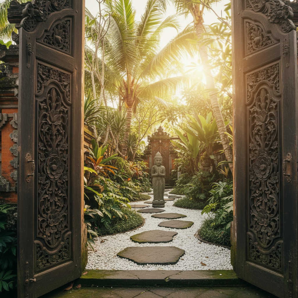 Two large carved artisan sculptures standing face to face in an outdoor workshop setting with gravel ground and lush trees