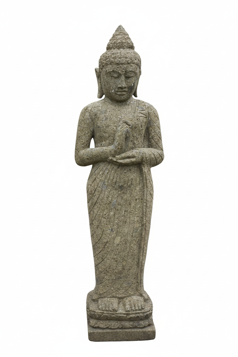 Solid Stone Buddha Statue with hands in namaste prayer, dark olive-grey weathered texture, on a lotus base