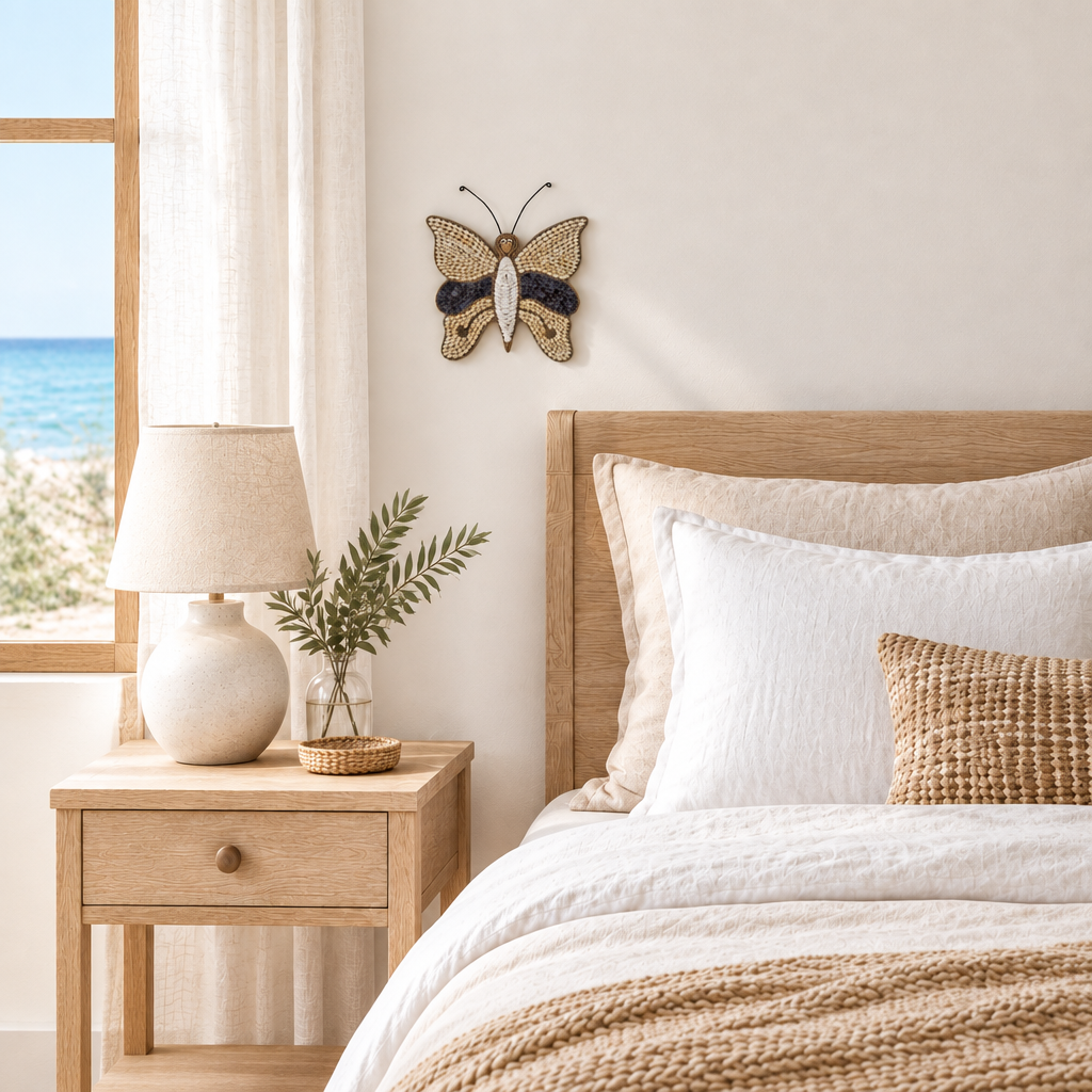 30 cm x 29 cm handmade winged decoration above a linen bed in a coastal guest room