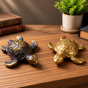 Gold and dark bronze turtle ornaments displayed together on a timber tabletop