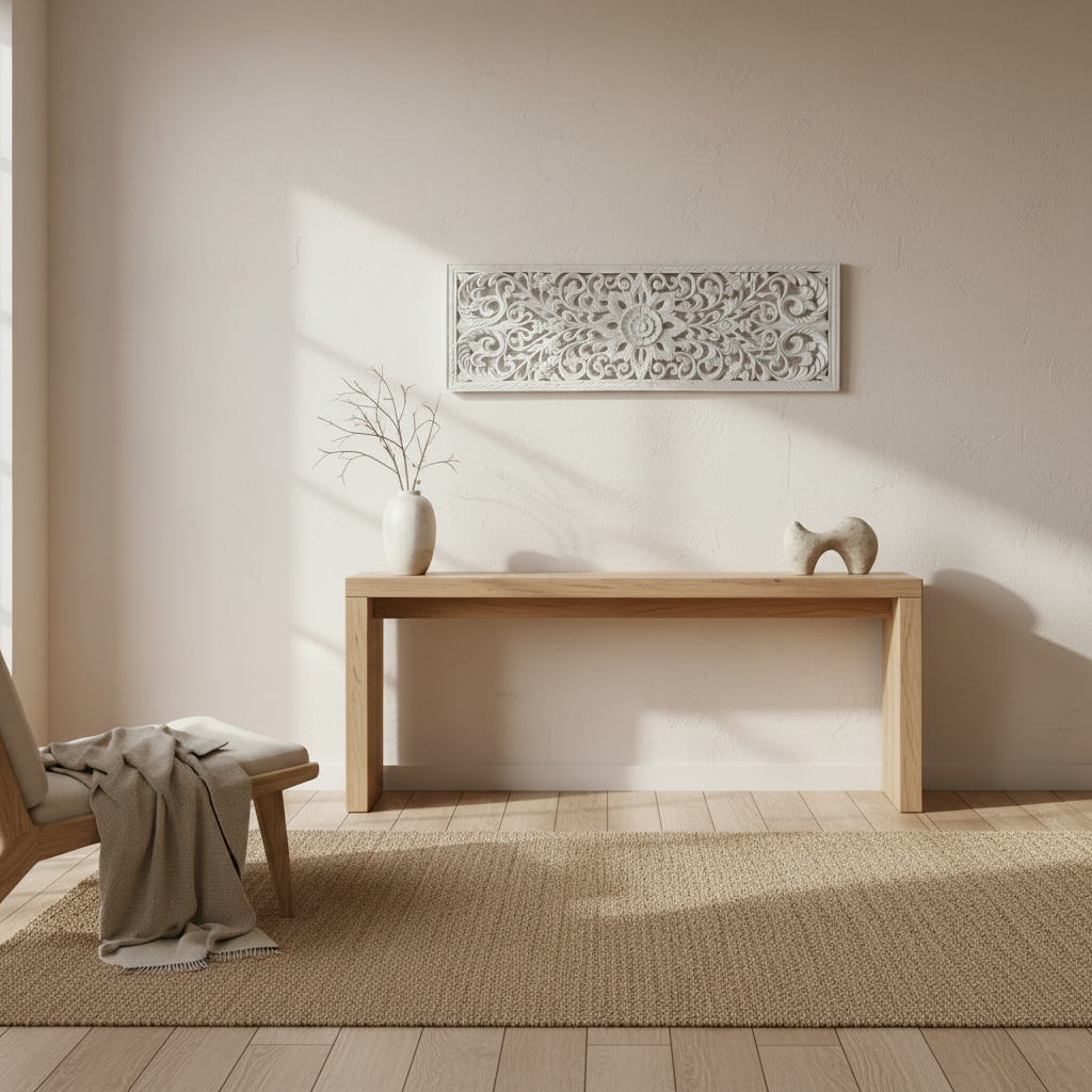 A minimalist interior scene with a light wood console table against a warm beige wall, a white decorative wall panel above it, a woven rug on the floor, and a draped throw blanket on a chair. No people or animals are present.