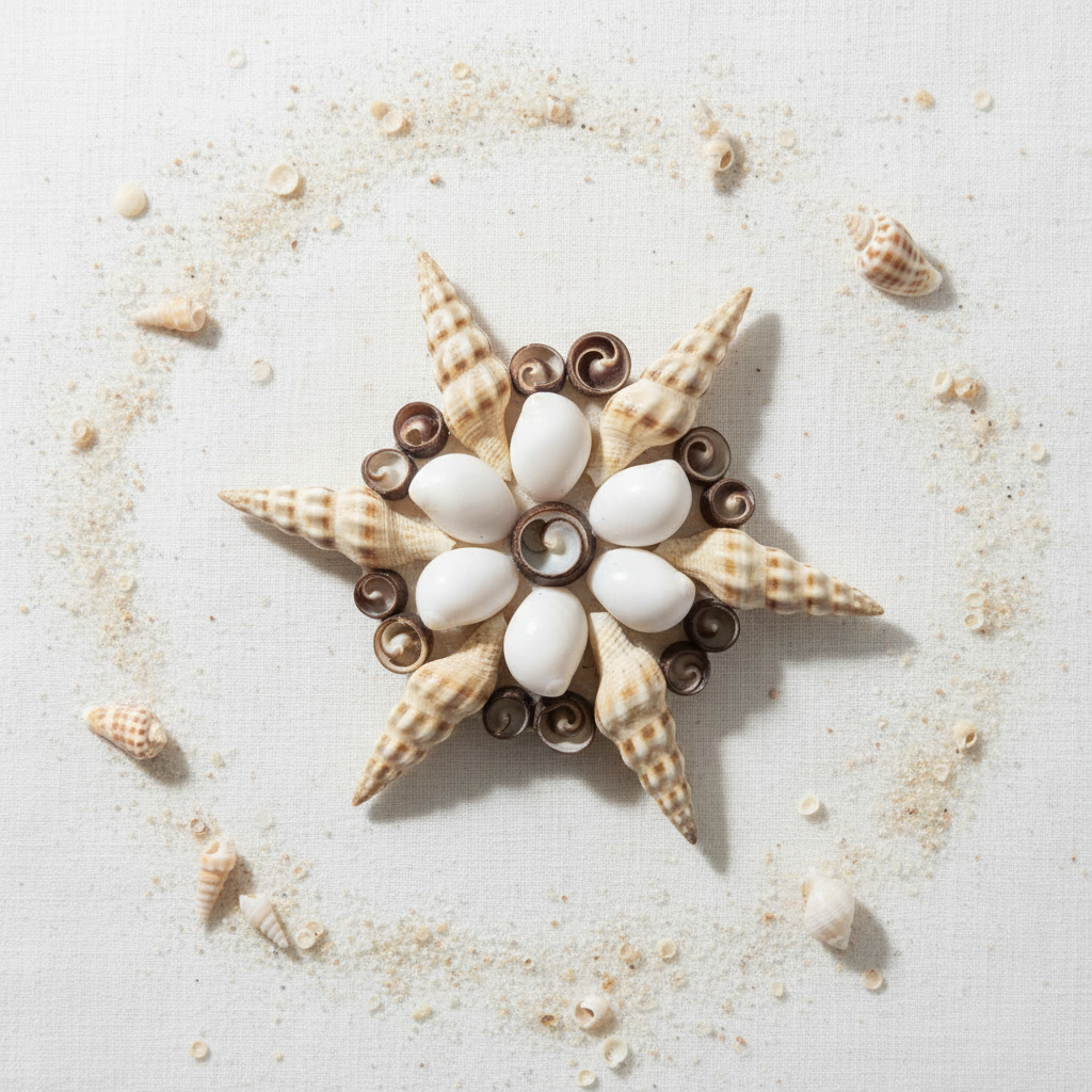 Six-pointed star seashell magnet with cream and brown speckled cone shell tips, dark brown curled spiral shells and smooth white oval shells at the centre