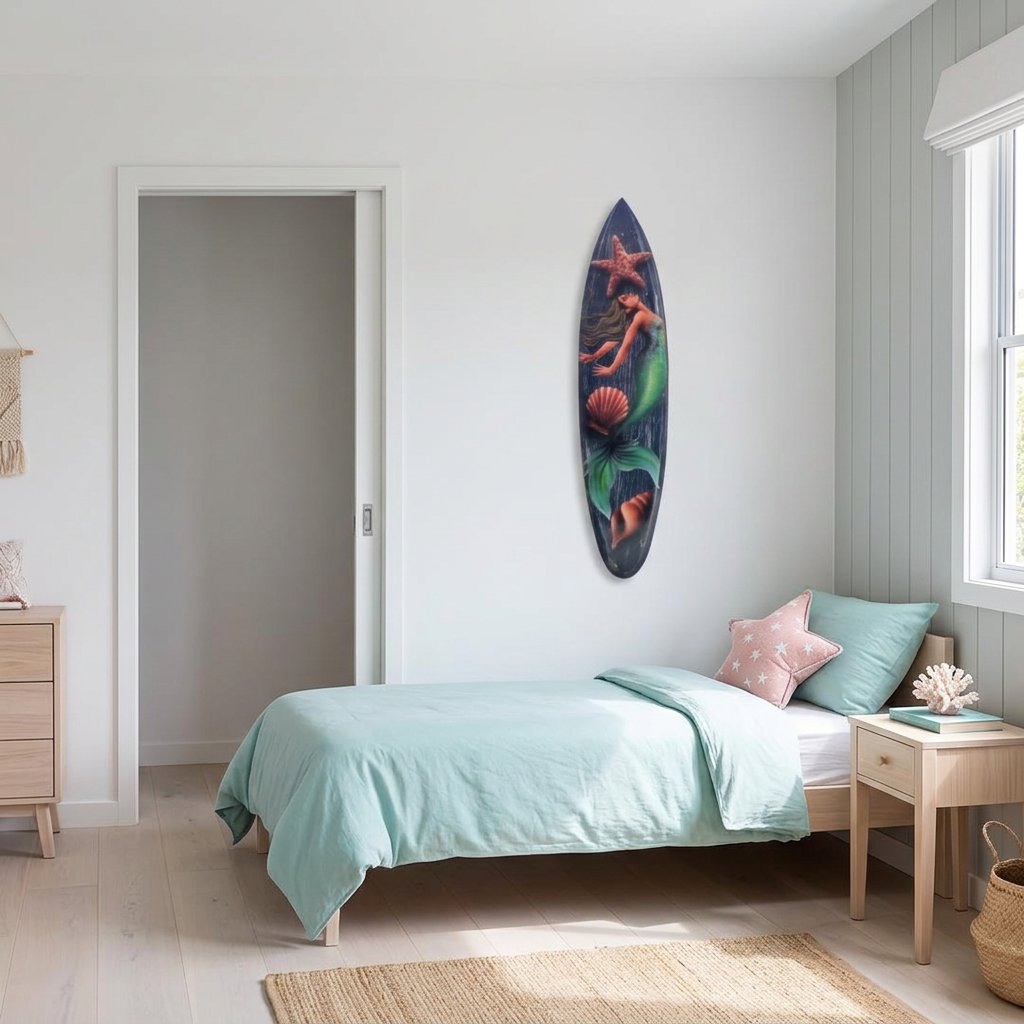 Painted panel featuring a green tail, pink starfish and shells, styled beside a bed with aqua bedding