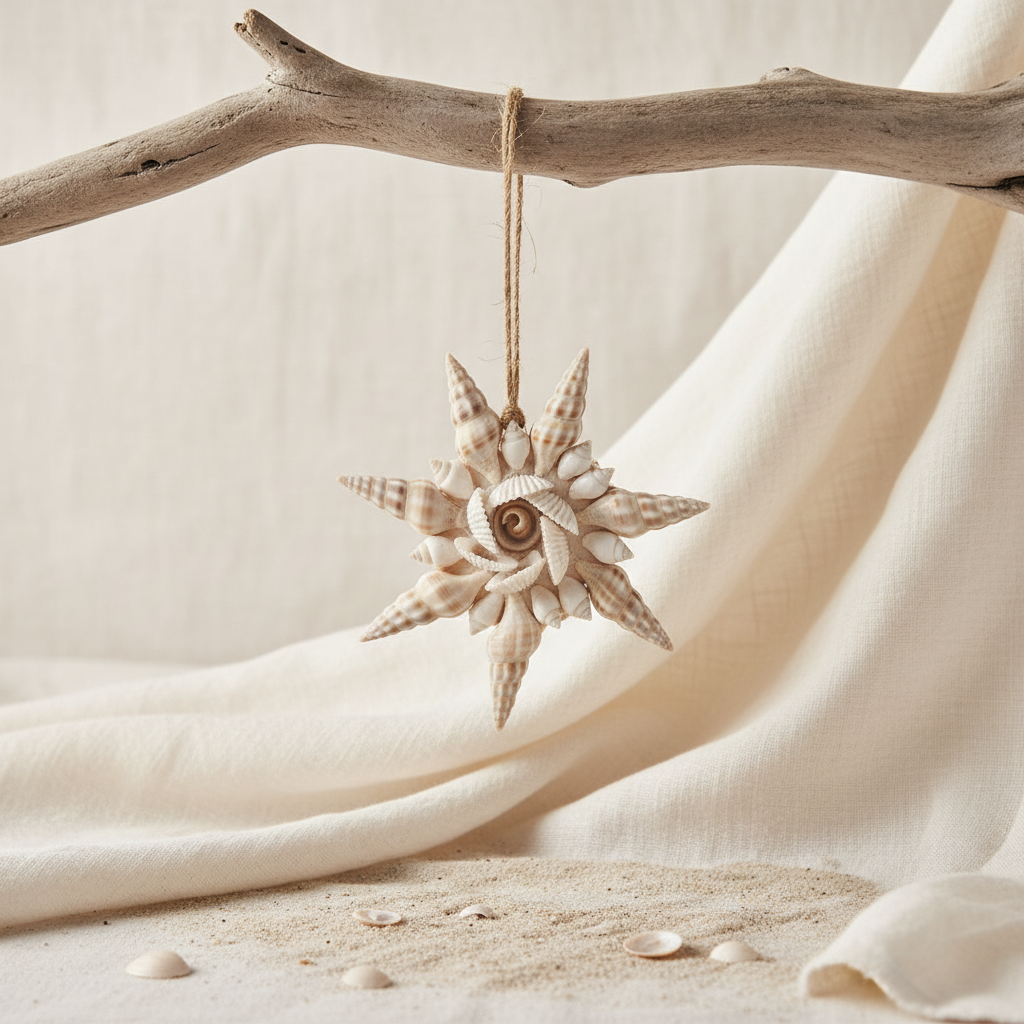 Eight-pointed star ornament with layered cream and brown striped cone shells radiating outward and a swirling white spiral shell centre framed by small scallop-edged shells, on frayed jute twin