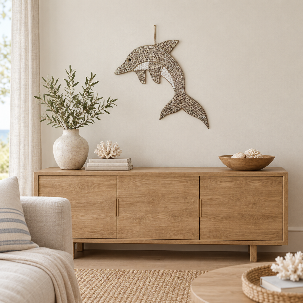 45cm x 30cm shell dolphin wall art displayed above a timber living-room sideboard