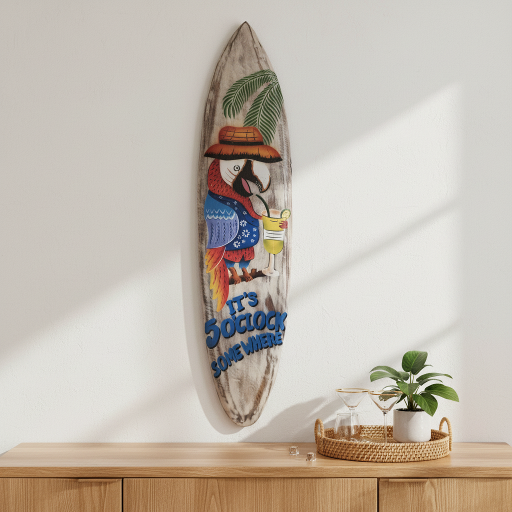 Natural timber surfboard wall art featuring a colourful parrot in a straw hat holding a cocktail, with “It’s 5 O’Clock Somewhere” lettering