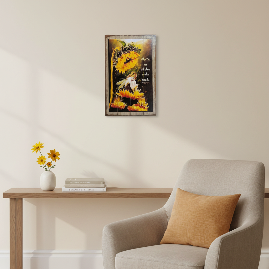 Who You Are, styled: Sunflower and fairy sign hanging in a warm reading nook with timber furniture and yellow accents.