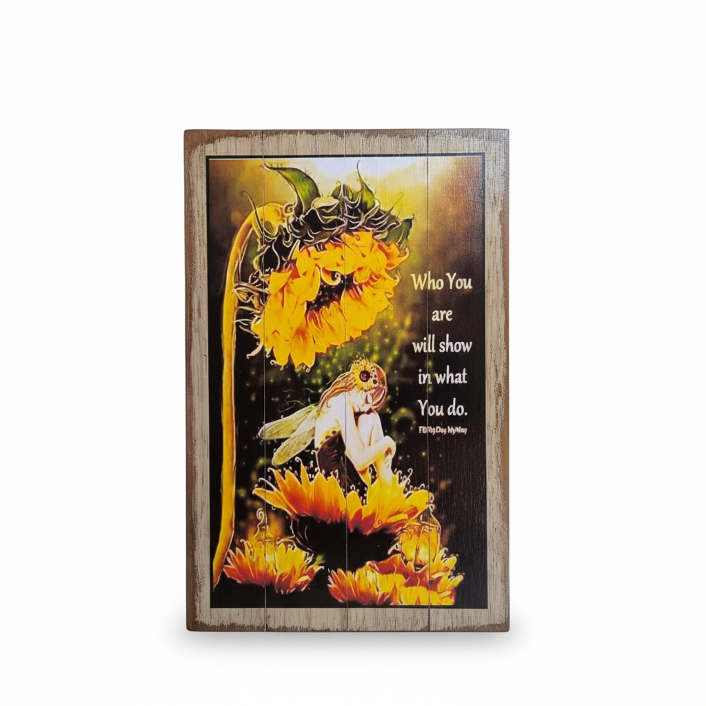 Who You Are, white background: Wooden inspirational quote sign with sunflower and fairy artwork in a rustic timber frame.