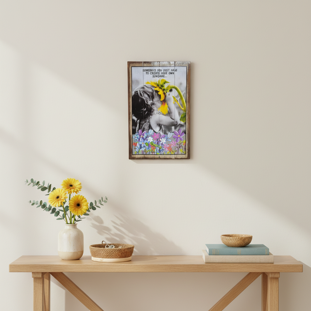 Create Your Own Sunshine, styled: Cheerful sunflower quote sign displayed above a timber console in a bright home entryway