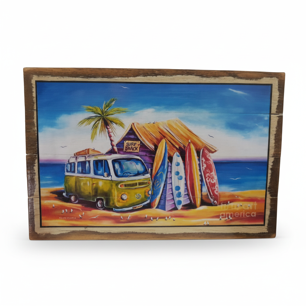 A rectangular wooden wall sign featuring a colorful painted beach scene with a yellow and white VW bus, palm tree, small hut, surfboards, and blue ocean under a bright sky.