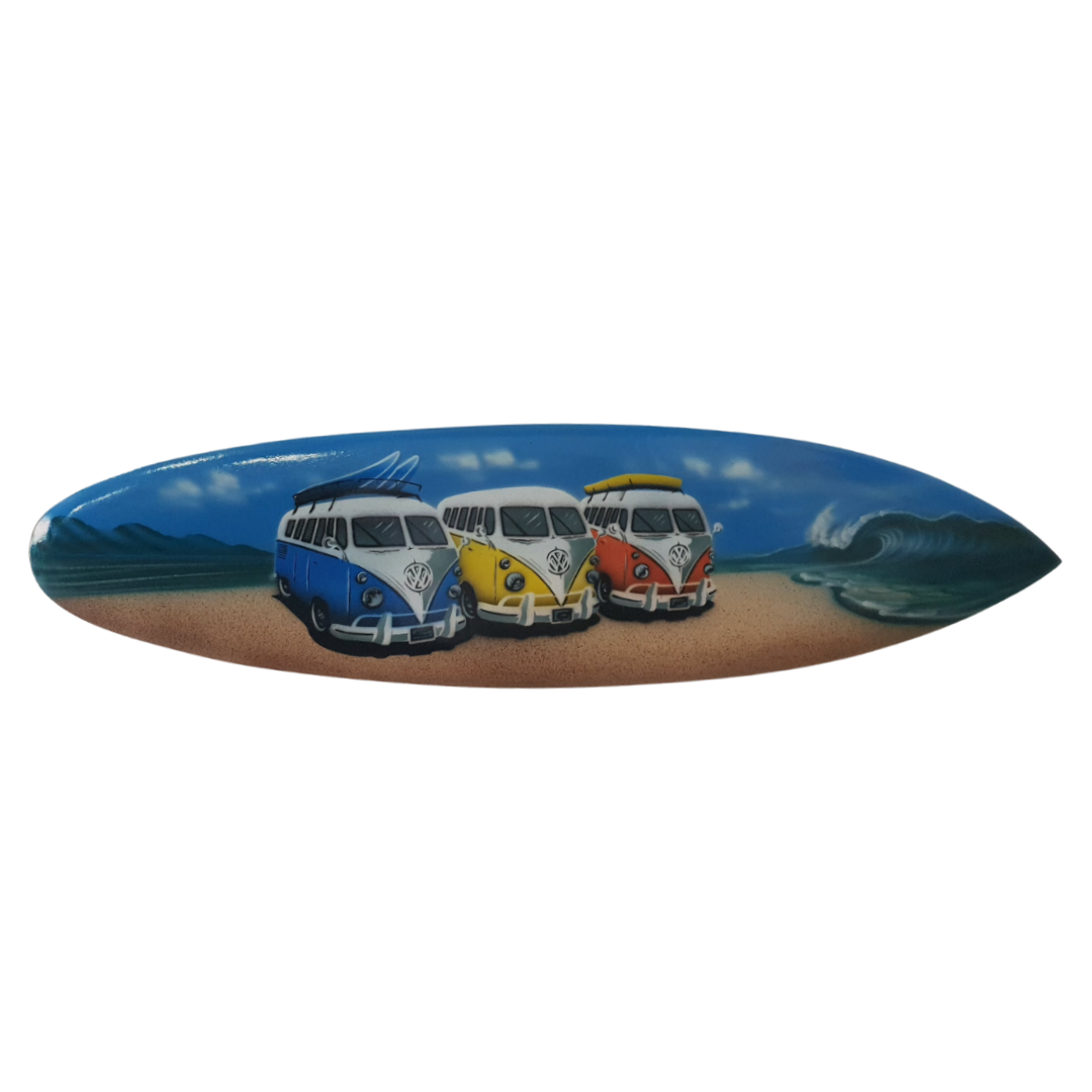 Three colourful VW Kombi vans on a beach scene wooden surfboard wall art
