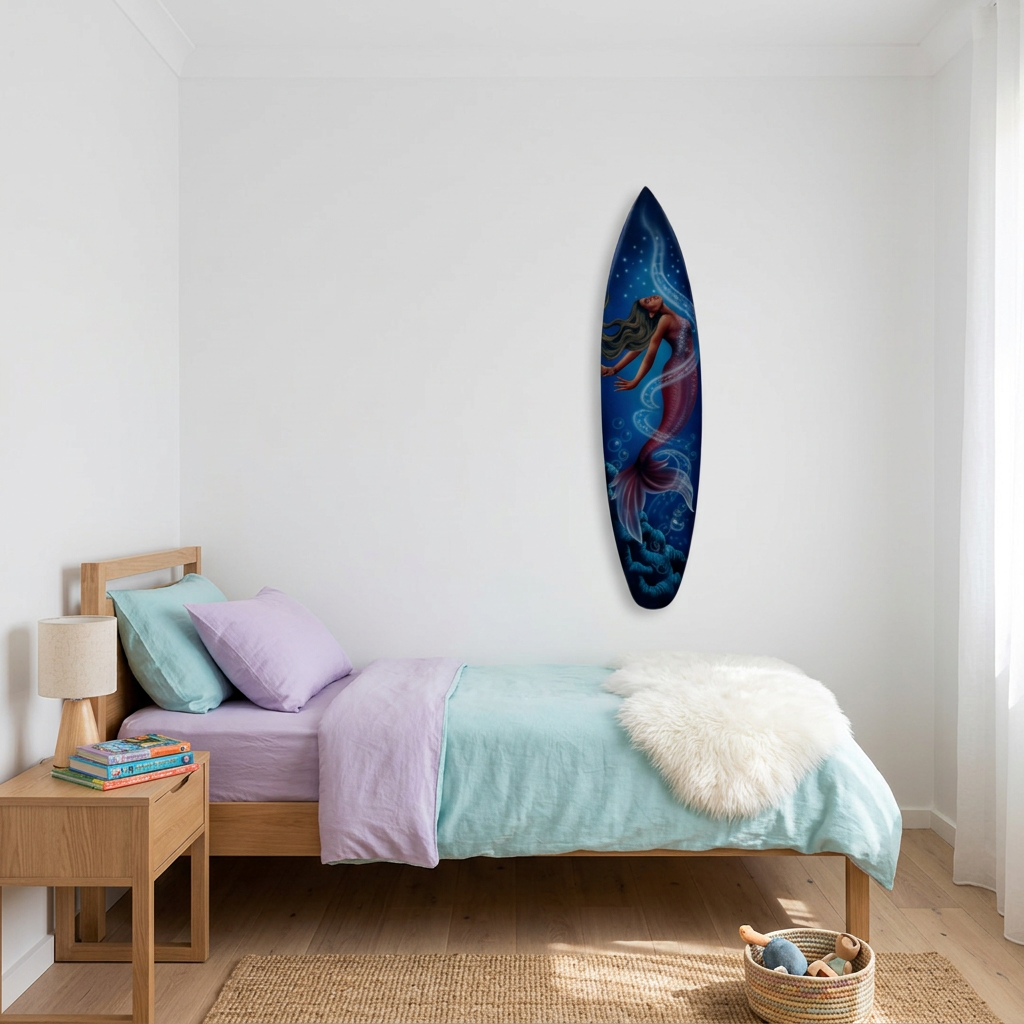 Blue and purple painted piece displayed beside a single bed with aqua and lavender bedding in a child’s bedroom.