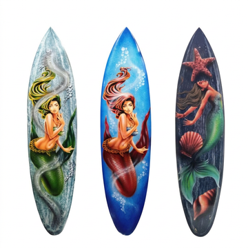 Three painted wooden panels displayed side by side on a white background, featuring colourful ocean figures, flowing tails, bubbles, starfish and shells