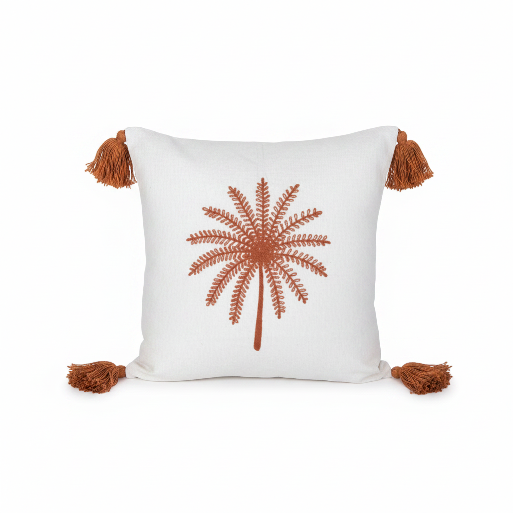 A square white throw pillow featuring a brown palm tree design in the center and matching brown tassels on all four sides, set against a plain white background.