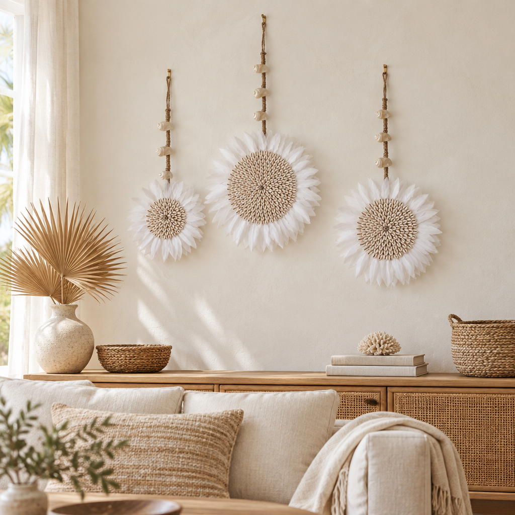 Long stem juju hats styled at staggered heights above a rattan console in a coastal boho living room.