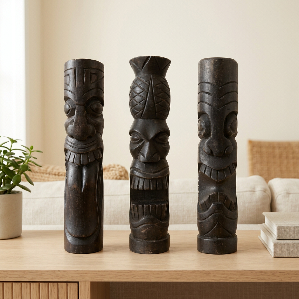 Three dark timber carvings with distinct facial designs on an oak console between a potted plant and books in a neutral living roo