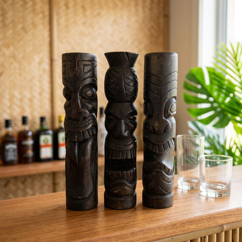 Three dark timber carvings displayed on a home bar beside clear drinking glasses, with tropical greenery and a woven backdrop.