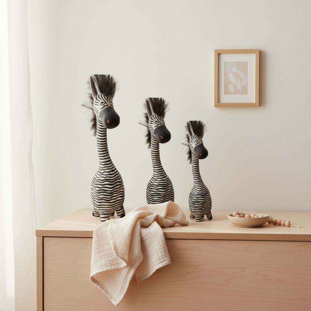 Three zebra-shaped decorative figurines in different sizes displayed on a light wood dresser against a warm beige wall, with a cream muslin cloth and a small bowl of shells nearby.