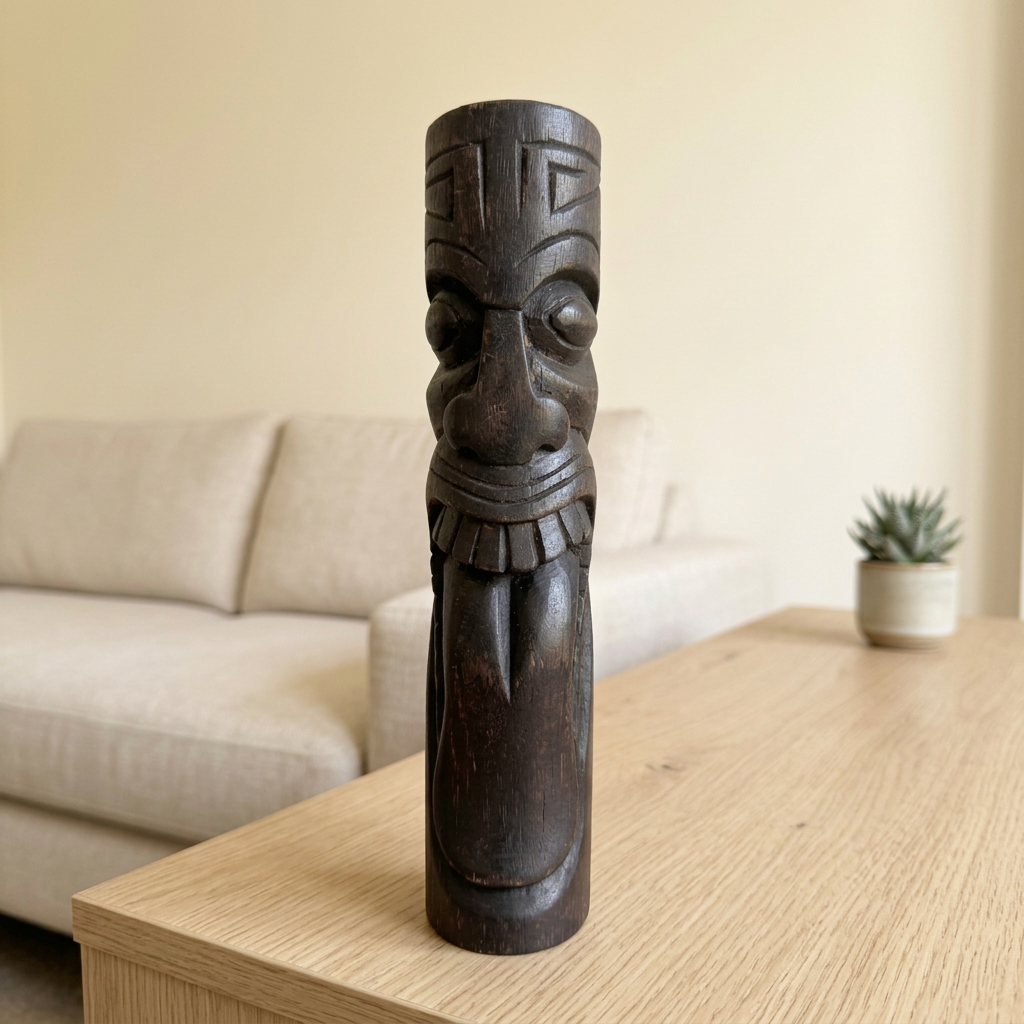 Dark timber carving with wide eyes and a toothy grin on a pale oak table, with a cream sofa and potted succulent behind