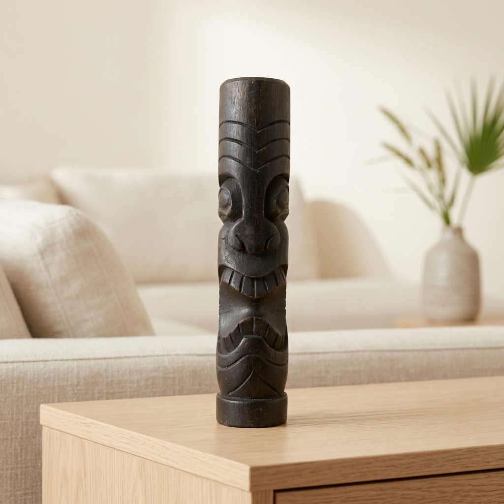 Dark timber carving with V-shaped forehead grooves on a pale oak table, with a cream sofa and vase of greenery behind