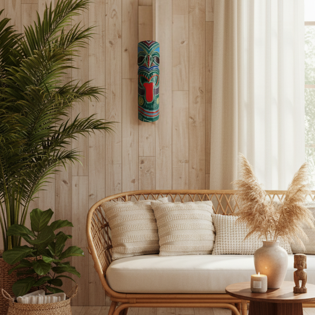 Teal carved wooden mask with red tongue detail displayed on a timber wall in a coastal tropical interior with rattan furniture and warm lighting