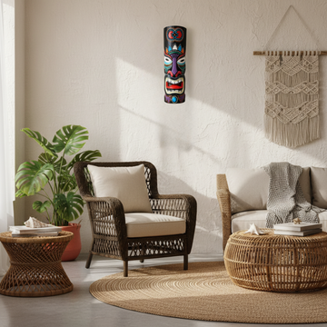 Black hand-painted wooden decor with multicolour dot work, purple nose, red lips and turquoise gem, styled on a wall in a coastal tropical interior
