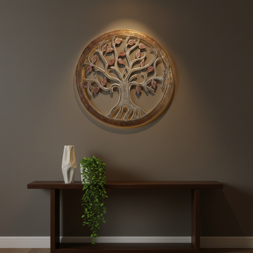 Tree of Life circular wall art 80cm in bronze and rust, styled as a statement piece above a console table in a modern living room