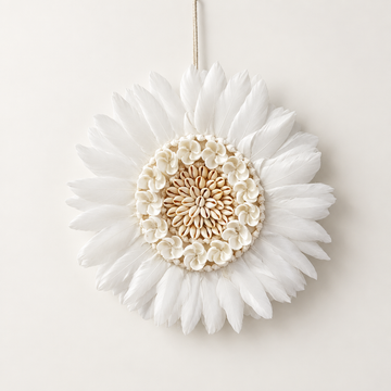 Tropical Floral Rose Style Juju Hat with a cowrie shell rosette centre, ring of carved shell flowers and white feather edge
