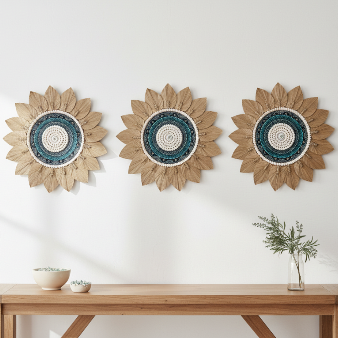 Three tropical shell wall art pieces hung side by side above a timber console table in a coastal living room setting
