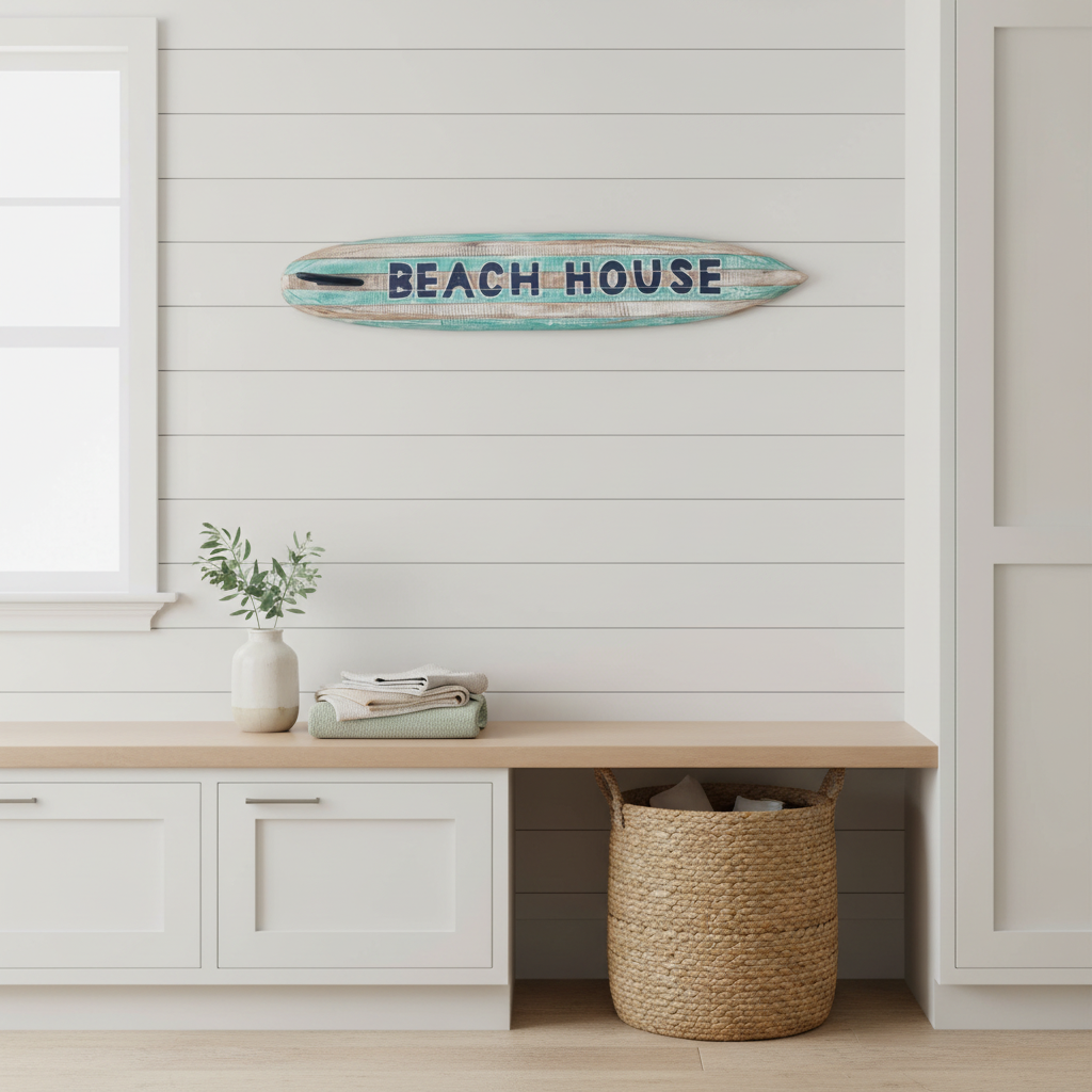 Turquoise-wash wooden wall decoration mounted above a pale timber laundry bench in a bright white coastal laundry
