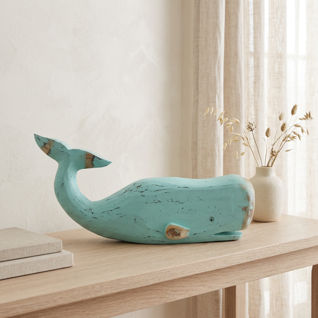 Turquoise wooden whale with a distressed finish and raised tail, displayed on a pale oak console in a coastal-style room.