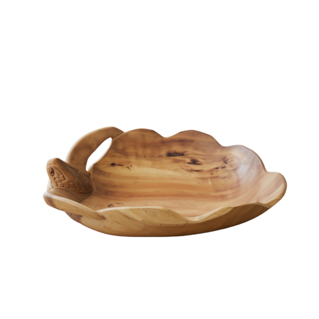  serving tray with a leaf-like scalloped rim, a side handle, and a small carved animal head detail on the opposite side, shown on a plain white background.