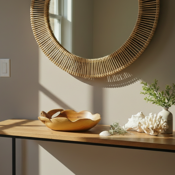 Turtle Carved Wooden Bowl on a console table in a neutral coastal hallway styled with a rattan mirror and shells