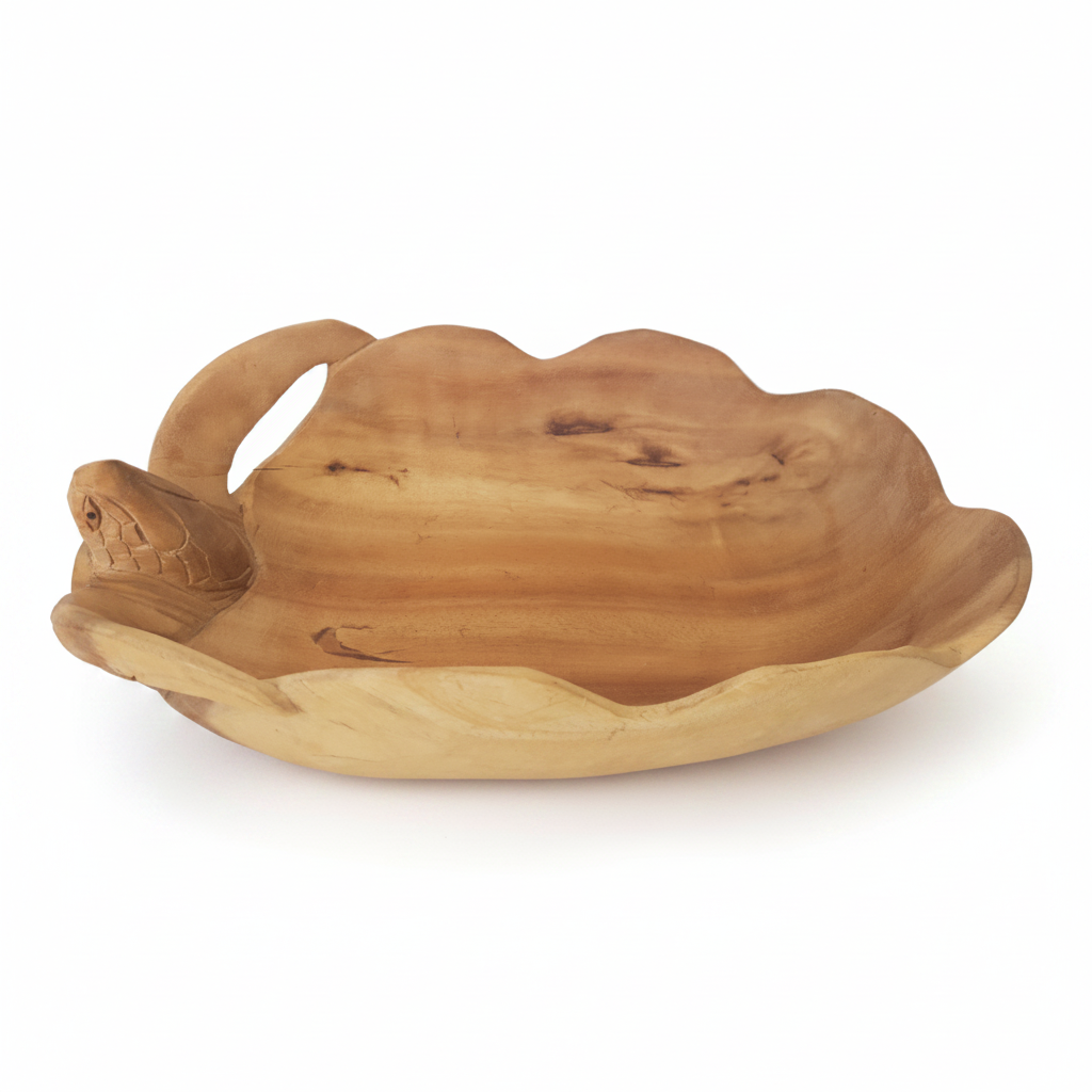 Handcrafted wooden bowl with scalloped edges and a carved turtle head detail on the rim, shown on a white background