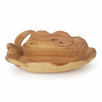 Handcrafted wooden bowl with scalloped edges and a carved turtle head detail on the rim, shown on a white background