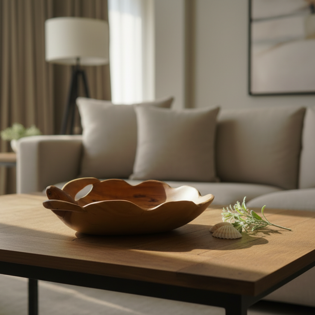 scalloped rim styled as a centrepiece on a timber coffee table in a modern neutral living room with linen sofa