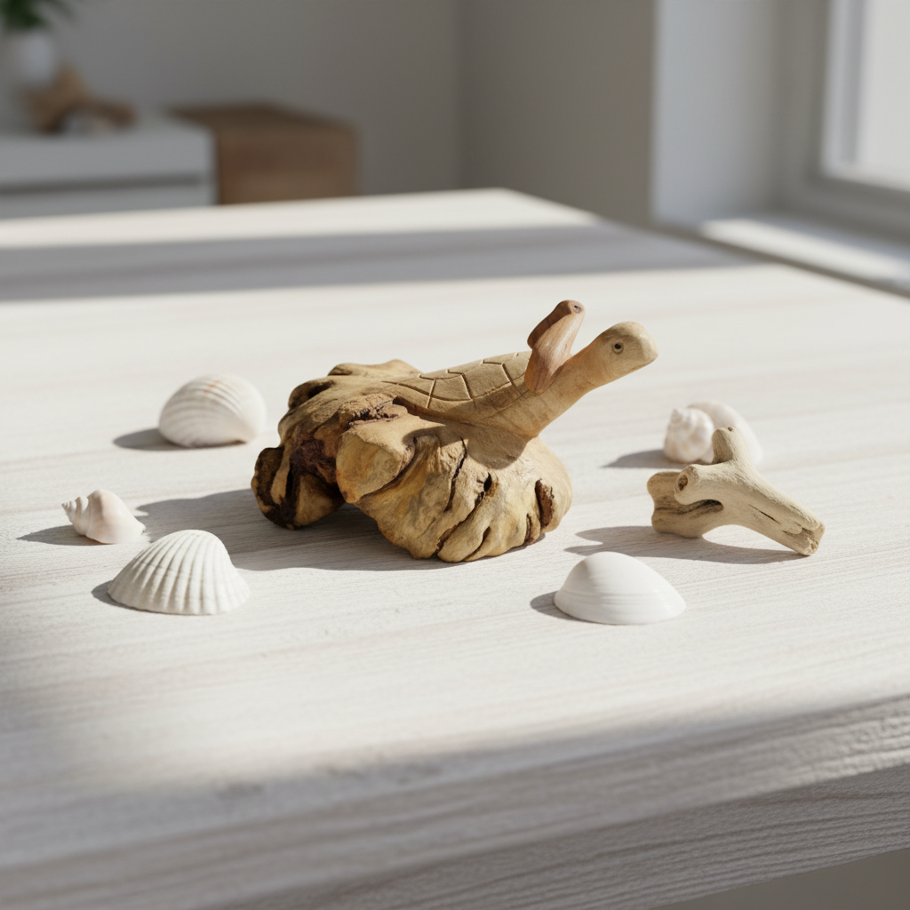 Handcarved wooden turtle sculpture  styled on a bleached timber table with white shells and driftwood
