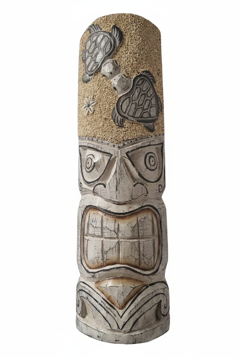 whitewashed timber with sand-textured headdress featuring two carved sea turtles, spiral eyes and wave scroll detail at the base