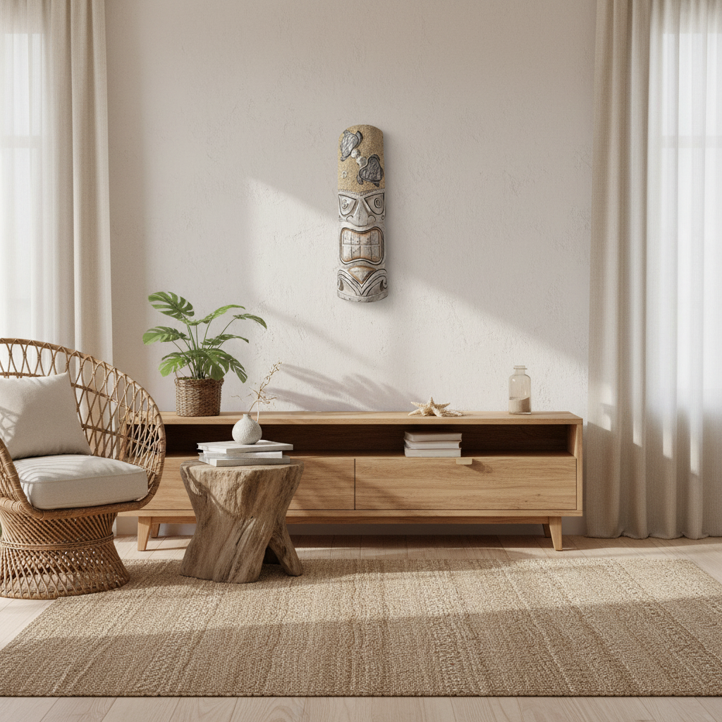 headdress displayed as a wall accent in a coastal boho interior with rattan furniture, tropical plants and natural linen