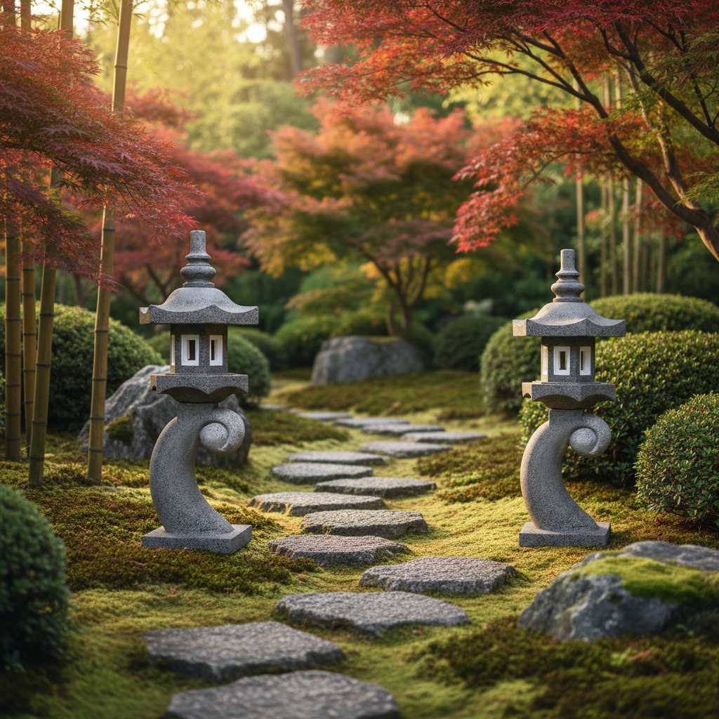 Two curved concrete sculptures flanking a moss-lined stepping stone path