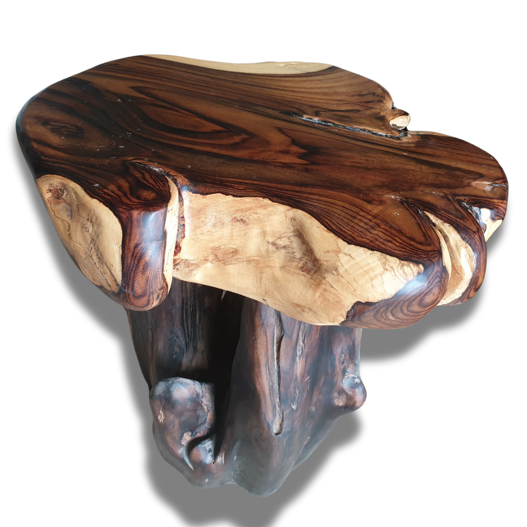 Angled view of a dark and natural two-tone polished base