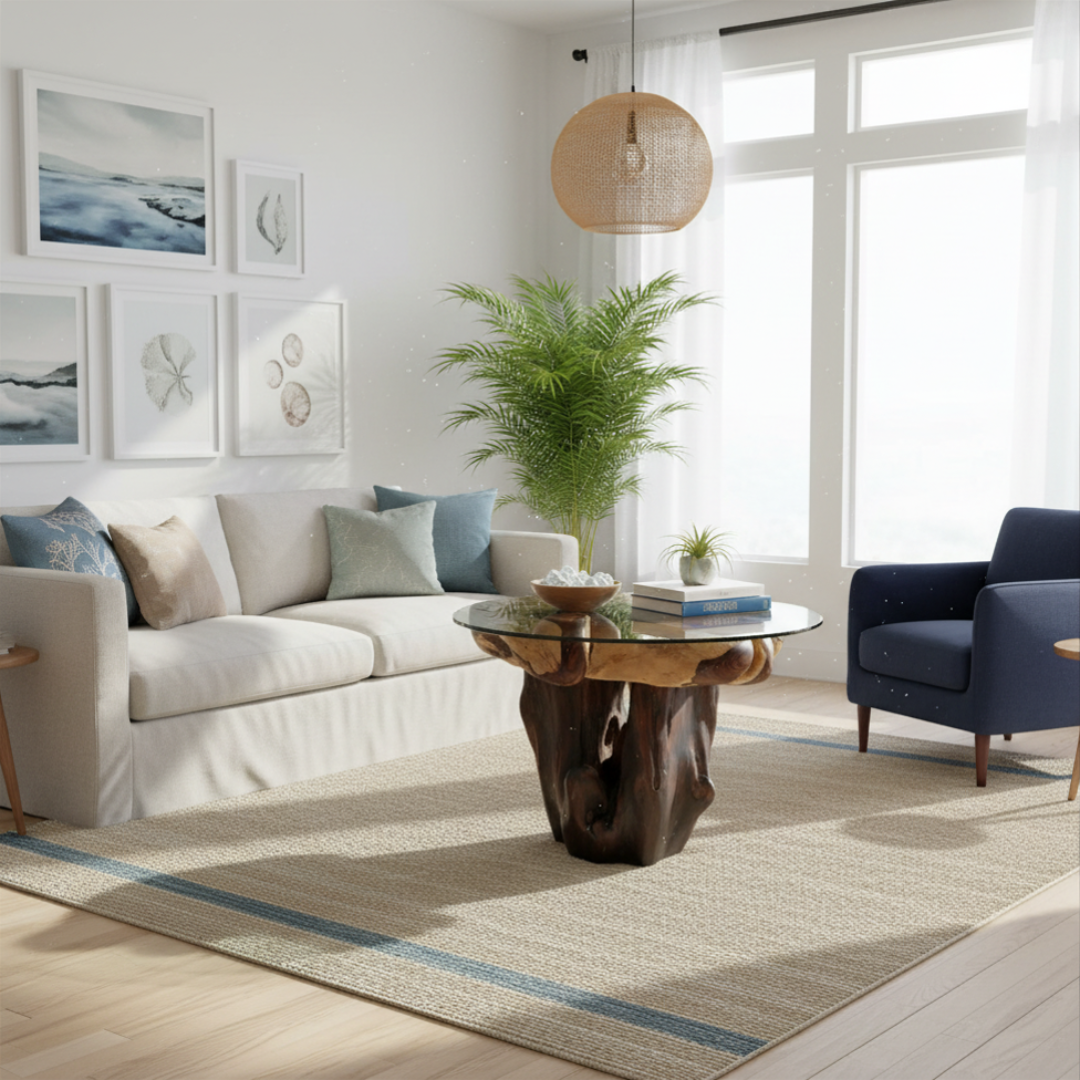 Bright living room with white sofa, navy armchair and palm plant