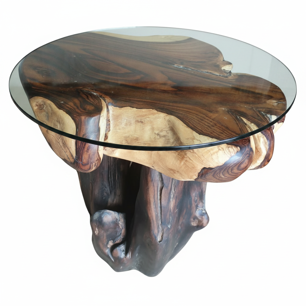 Unique root wood coffee table with round glass top and organic sculptural base