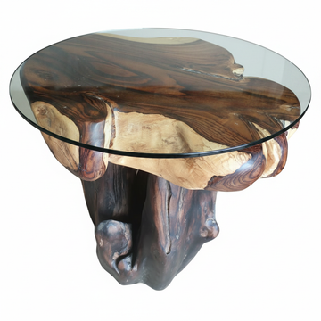 Unique root wood coffee table with round glass top and organic sculptural base