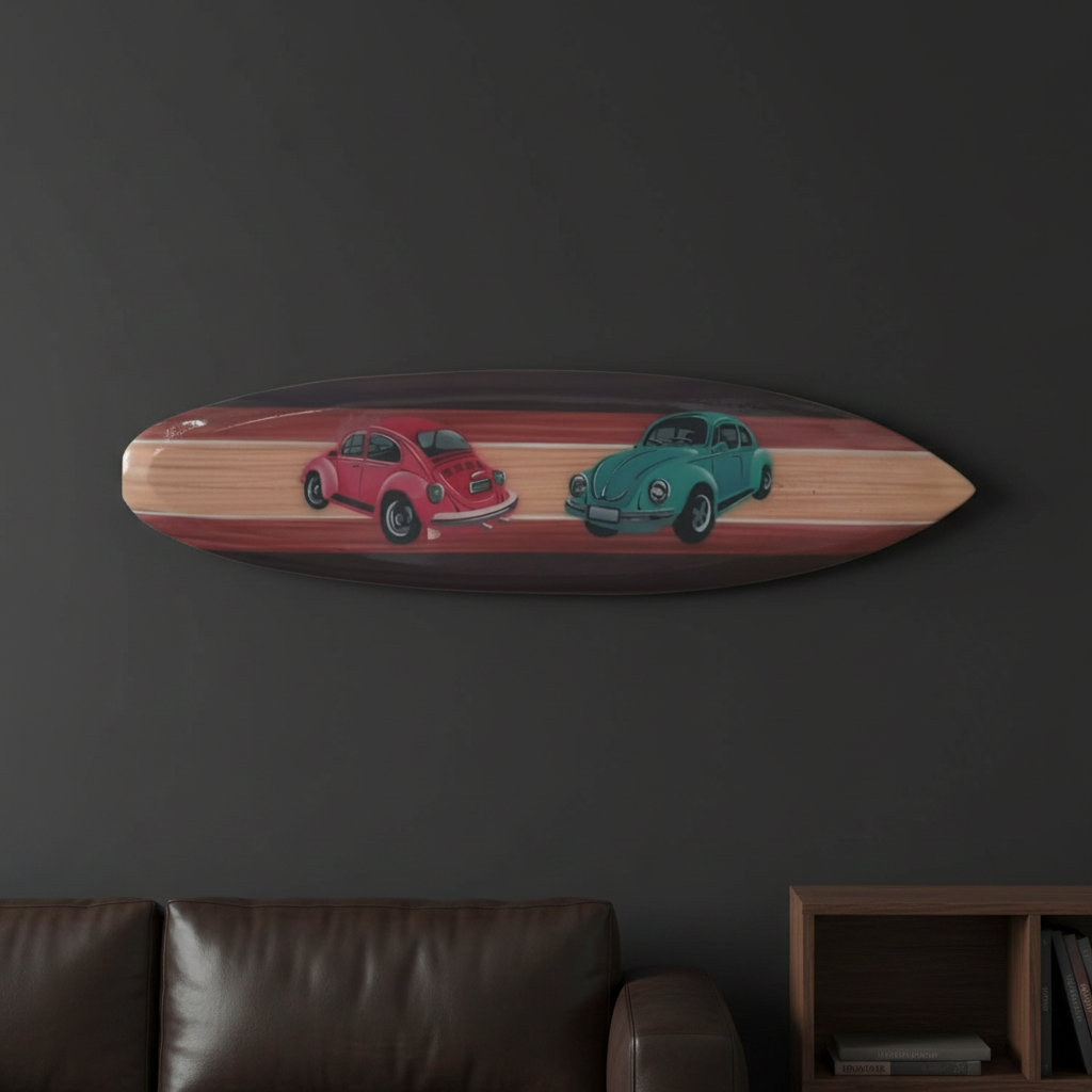 VW Beetle surfboard wall art mounted on a dark feature wall in a home entertainment room
