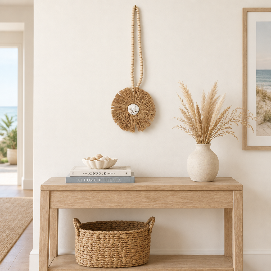 Natural fringe wall hanging above a timber console with dried grasses and books